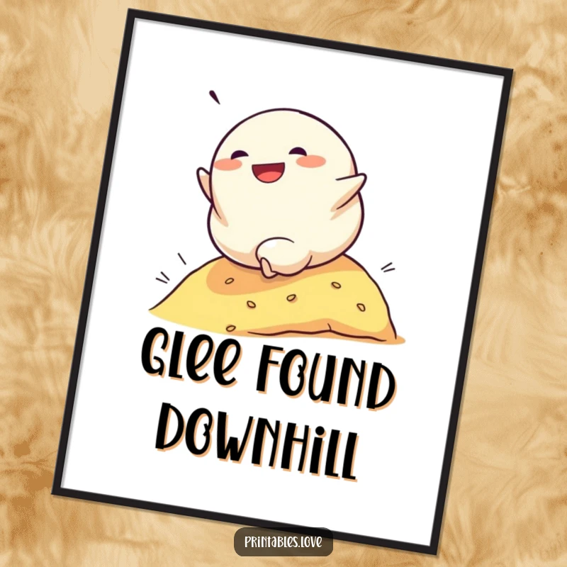 Funny digital art print of a determined dumpling character rolling down a hill with glee, a downloadable piece of pure, gleeful momentum.