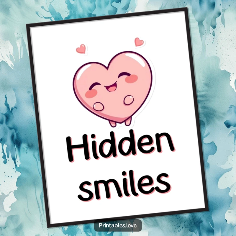 Funny digital art print of a giggling heart character looking over its shoulder with a mischievous grin. Instant playful artwork.