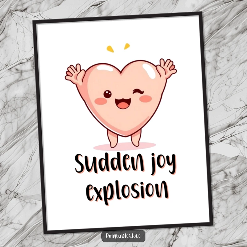 Funny surprise heart digital art print, a vibrant illustration of a heart character with arms raised in comical, happy surprise.