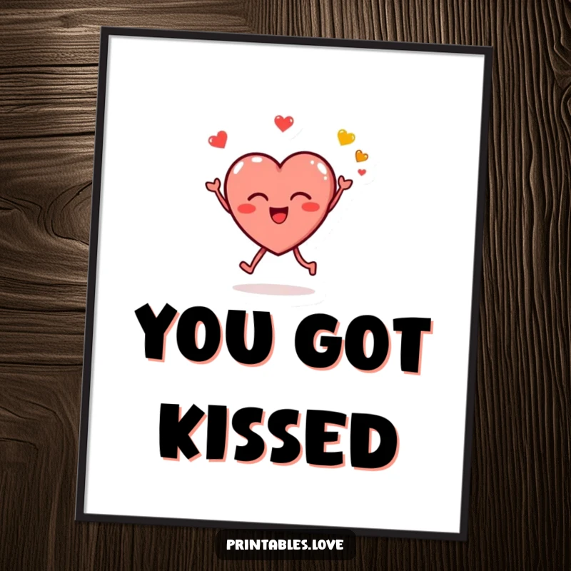 Funny digital art print of a small, round heart character joyfully leaping and blowing kissy emojis, perfect for instant romantic decor.