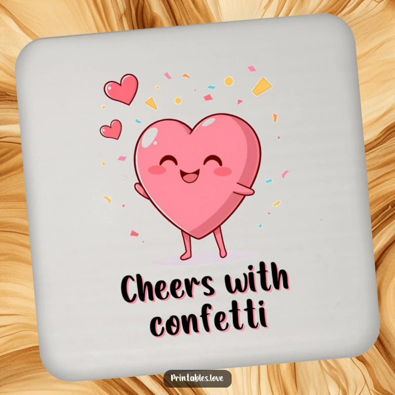 Funny coaster with a smiling, plump heart character enthusiastically throwing confetti into the air, perfect for protecting surfaces.