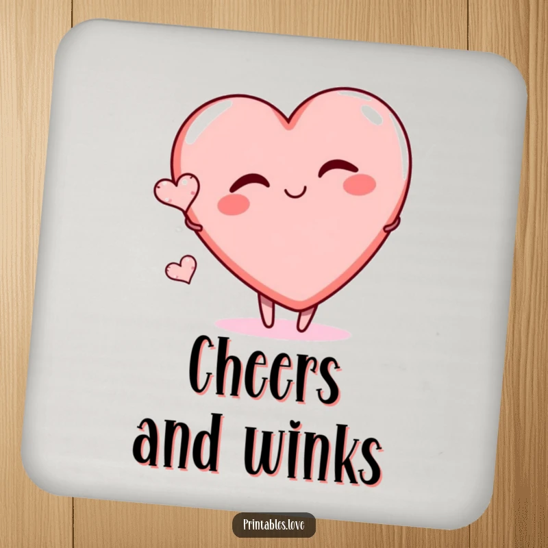 Funny drink coaster with a large heart character playfully winking and a tiny heart, protecting surfaces with playful humor.