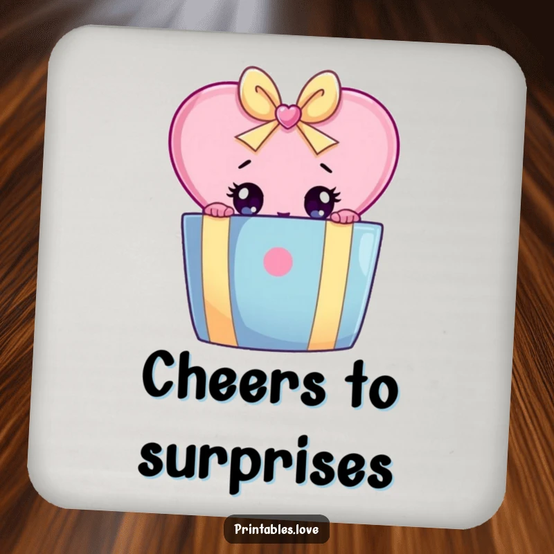 Funny coaster showing a heart character peeking with wide eyes from behind a large, colorful gift box.