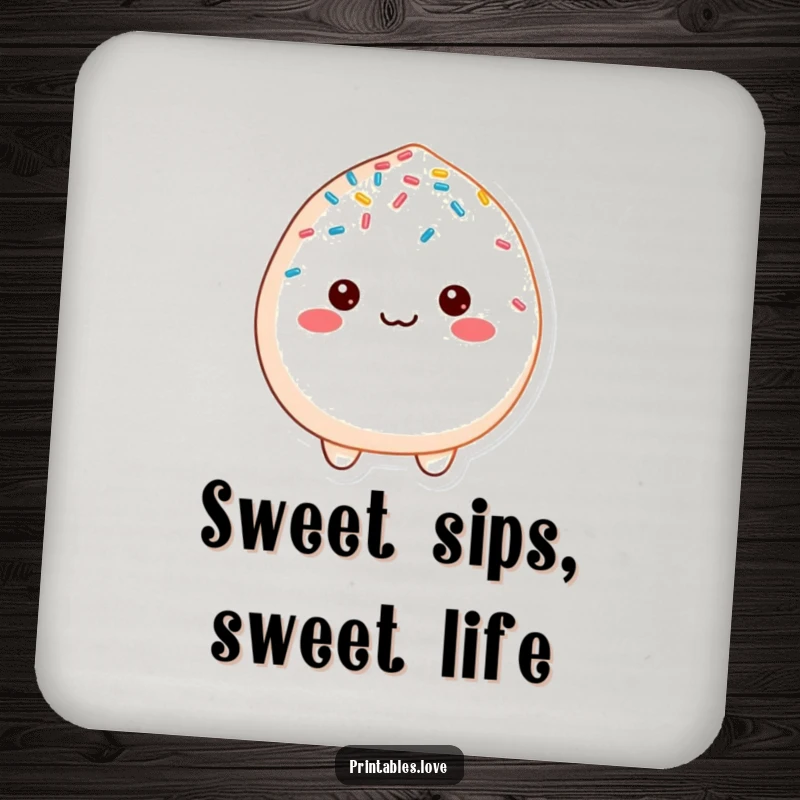 Funny cheerful mochi character, covered in sprinkles, on a protective and cheerful drink coaster.