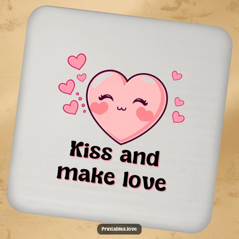 Funny drink coasters featuring a heart with chubby cheeks blowing a kiss, with a trail of hearts spreading love.