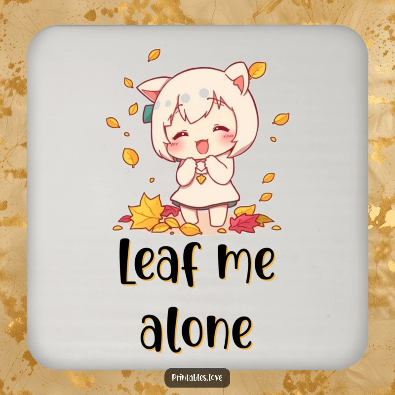 Funny Kawaii drink coasters with a cute character playfully attempting to catch falling autumn leaves, adding humor to tabletops.
