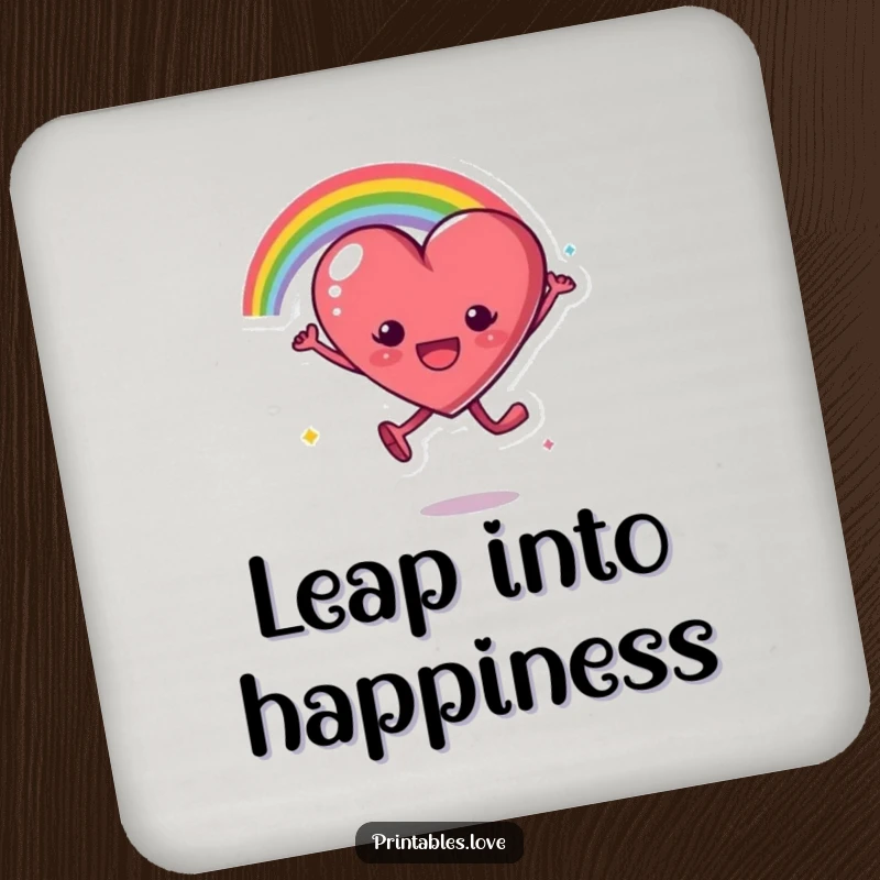 Funny drink coaster featuring a heart character leaping with excitement, trailing a bright rainbow arc, adding vibrant joy.