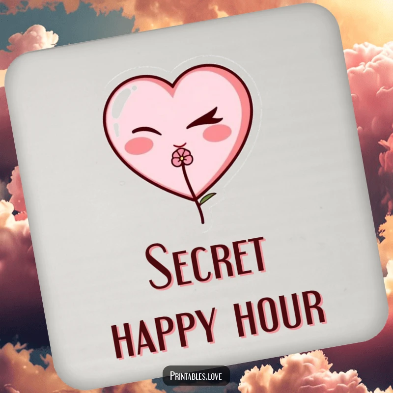 Funny winking heart drink coasters, a charming heart illustration with a sly wink and a tiny flower, for surface protection.