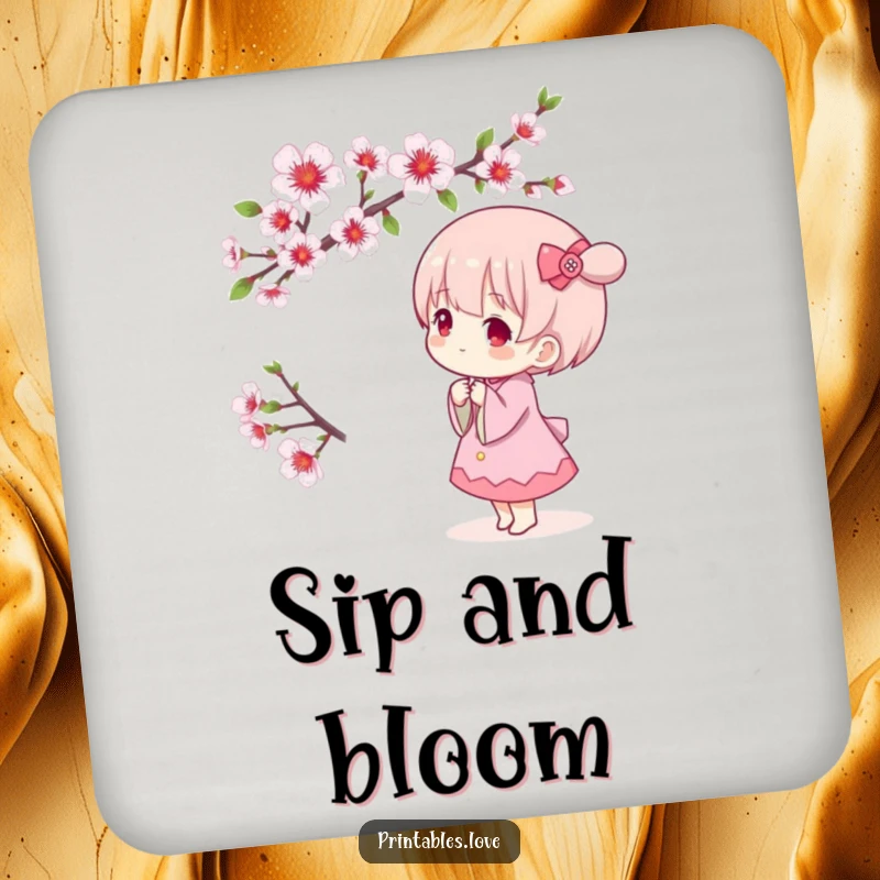 Funny Kawaii drink coasters with a cute character admiring a blooming cherry blossom branch, adding elegant spring humor to surfaces.