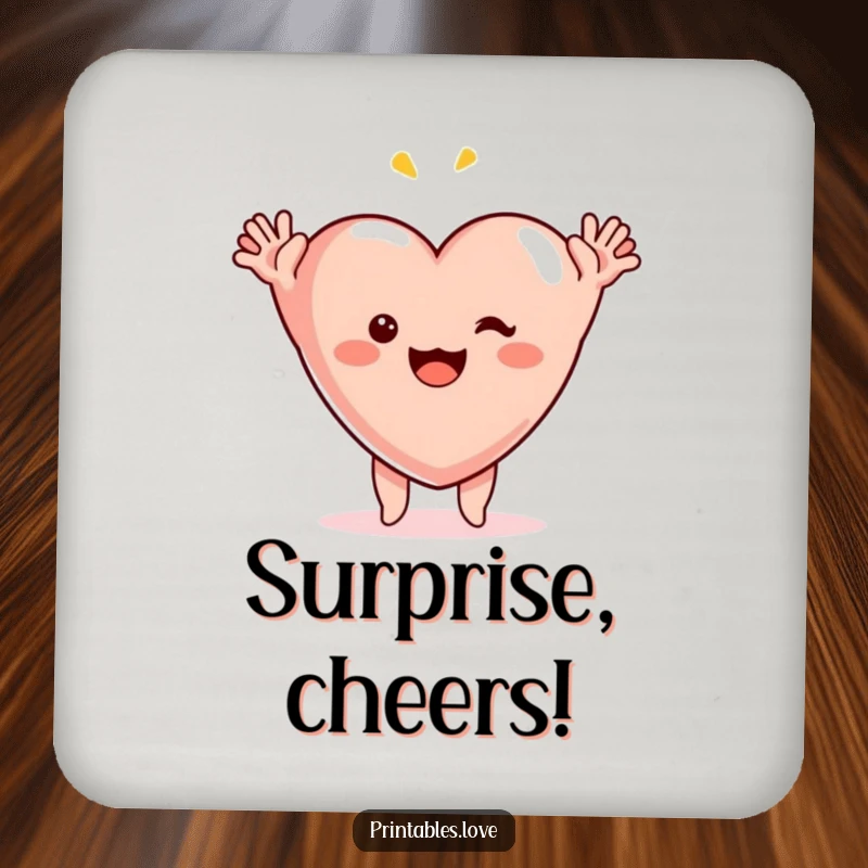 Funny surprise heart drink coasters, a comical heart illustration with arms flung up in sheer, happy astonishment.