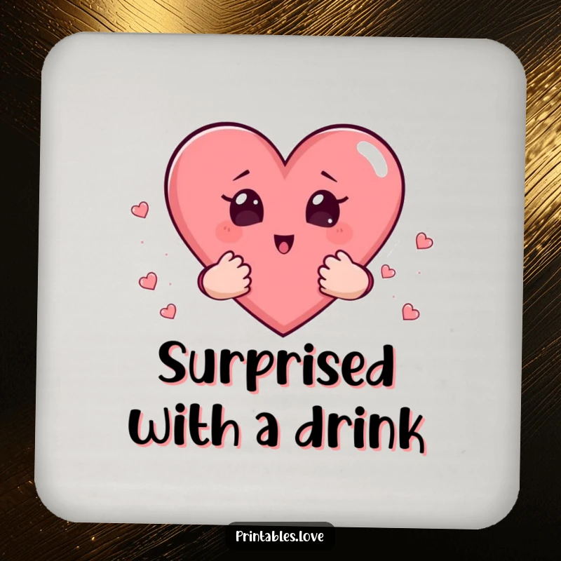 Funny drink coasters featuring a heart with small hands holding hearts, looking comically surprised and wide-eyed.