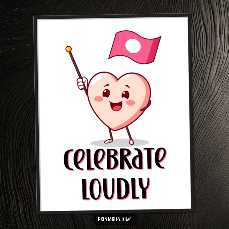 Funny poster featuring a smiling heart character enthusiastically waving a small flag, symbolizing joy and greetings.