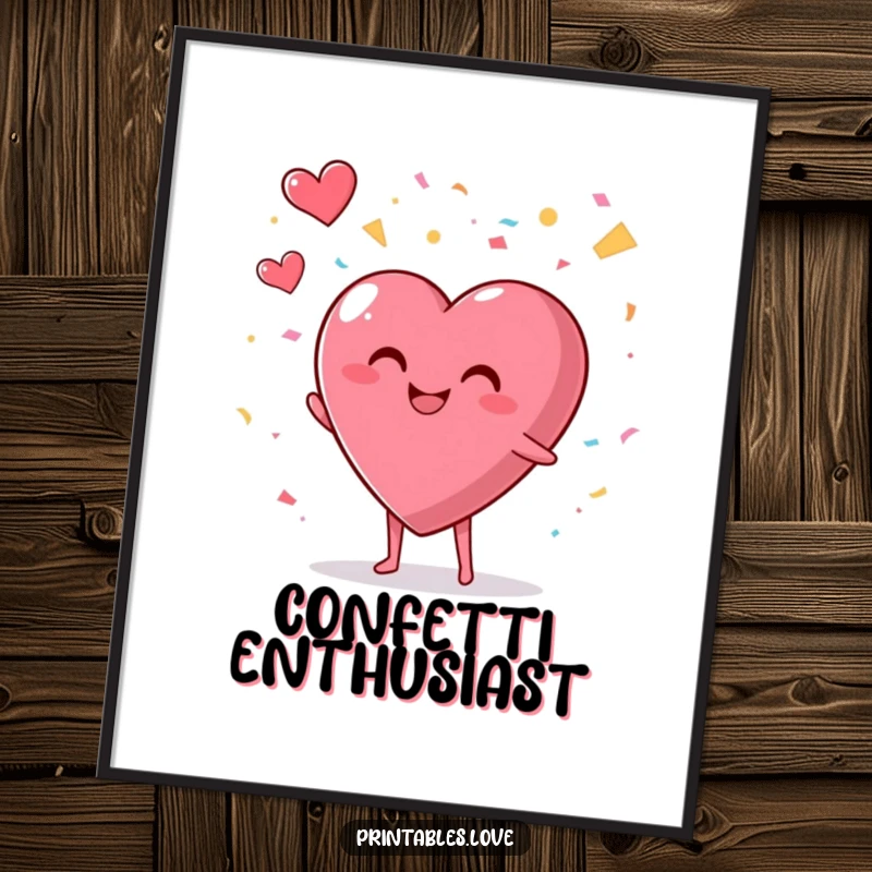 Funny poster with a smiling, plump heart character enthusiastically throwing confetti into the air, bringing celebration to decor.