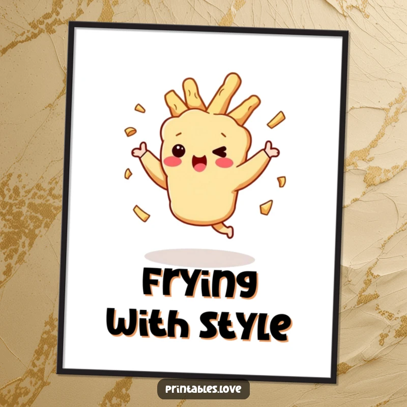 Funny dancing tempura character caught mid-dance, crispy bits flying, as vibrant wall art for a kitchen.