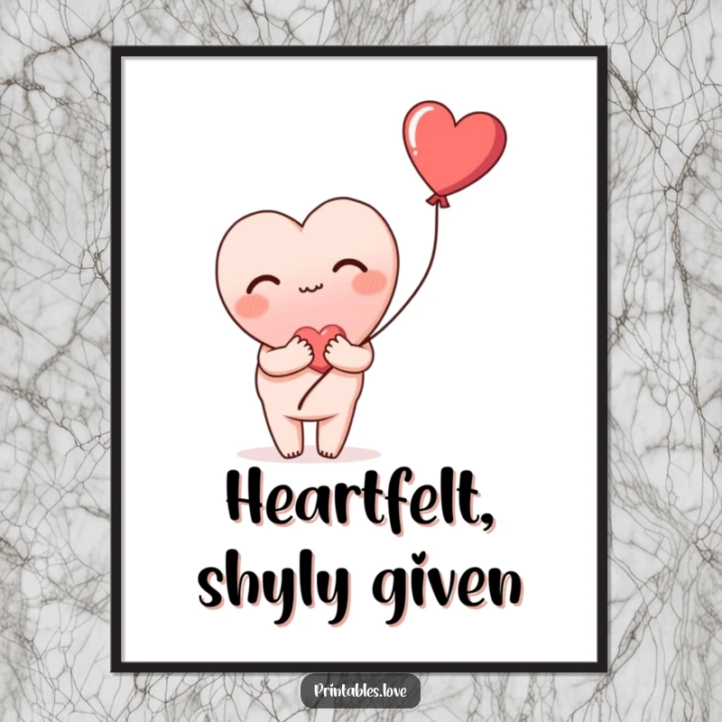 Funny poster art of a heart blushing shyly and holding a heart balloon, adding sweet emotion and humor to decor.