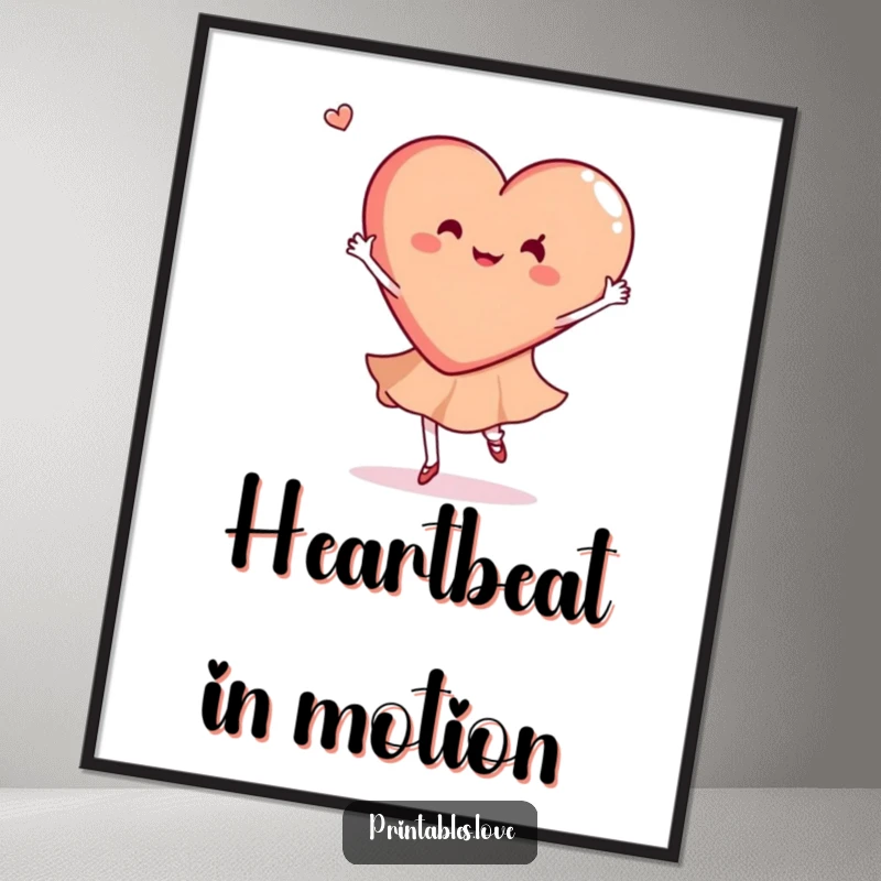 Funny poster art of a heart gracefully performing a joyful dance twirl, adding energy and humor to any room decor.