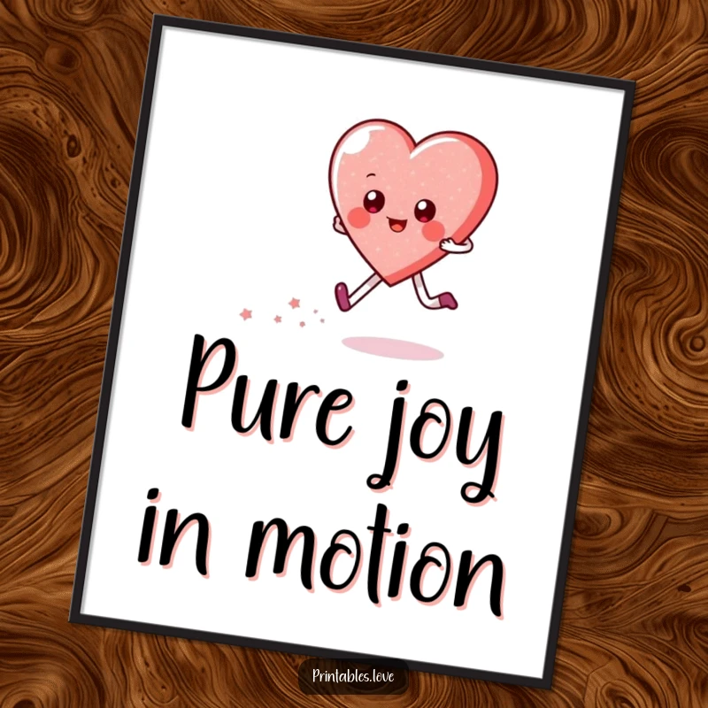 Funny poster print of a happy heart character skipping, leaving a faint trail of magical sparkles. Cheerful and uplifting wall art.