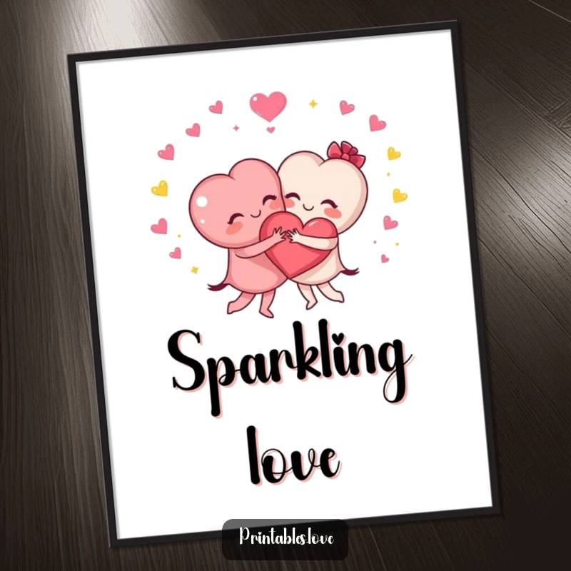 Funny poster featuring two heart characters in a joyful hug with sparkles, symbolizing friendship and affection for wall decor.