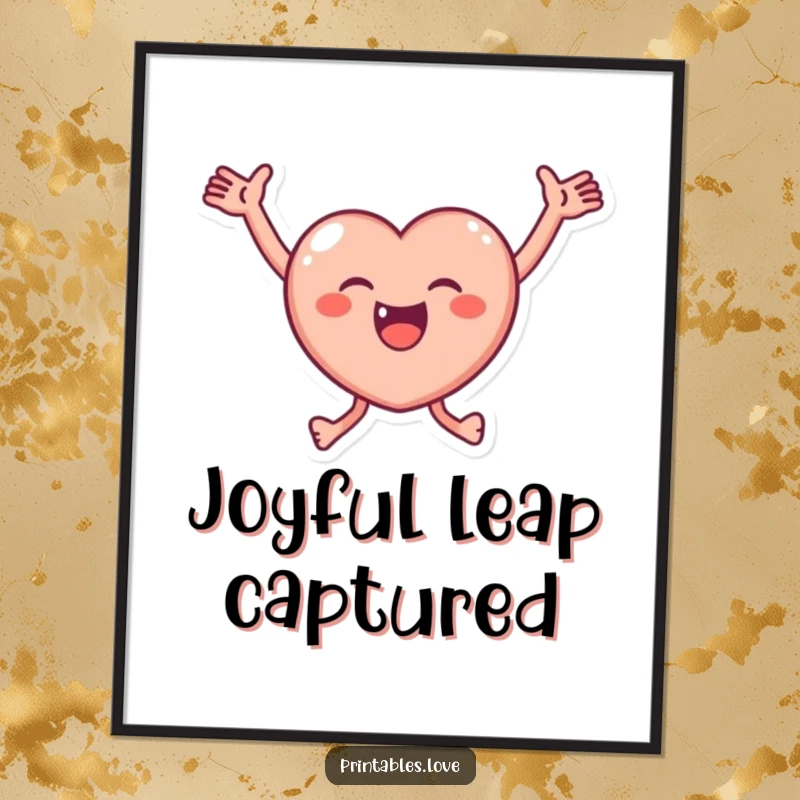 Funny Poster of a small, round heart character joyfully leaping with arms outstretched, capturing a moment of pure, unrestrained happiness.