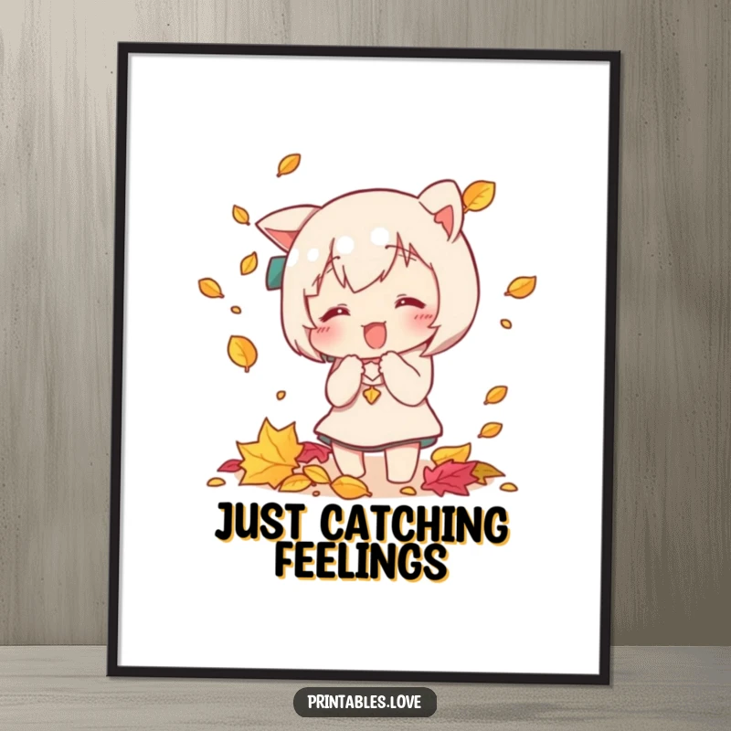 Funny Kawaii poster displaying a cute character with outstretched arms, playfully trying to catch colorful falling autumn leaves in mid-air.