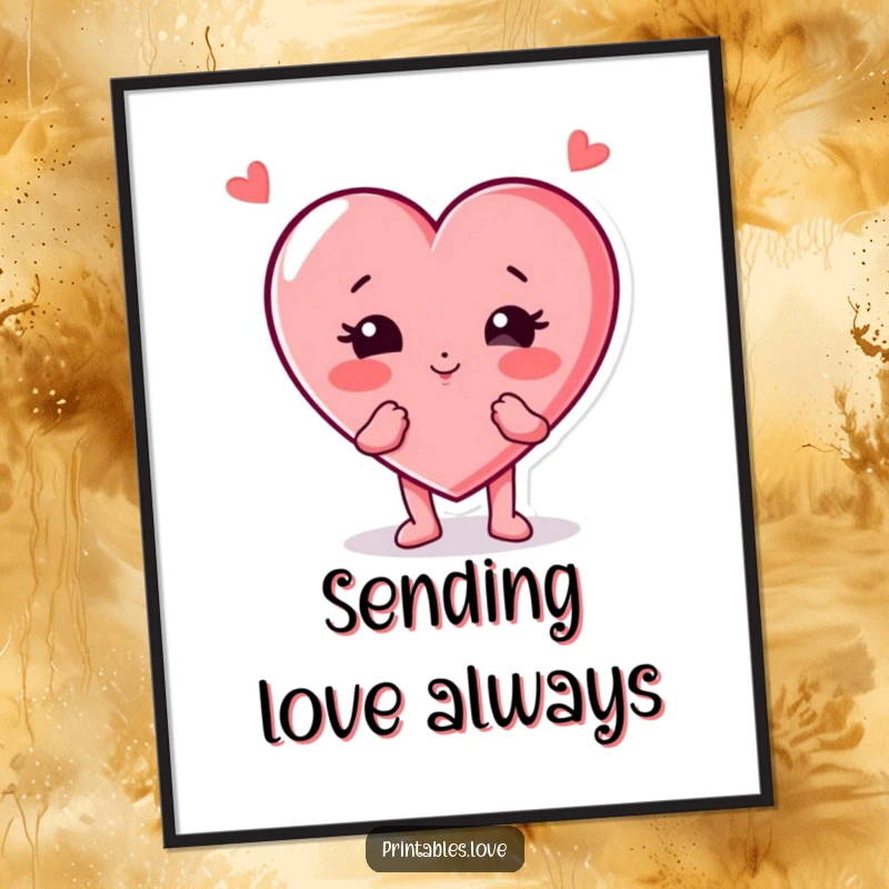 Funny heart character poster, playfully blowing a kiss with cheeks puffed out, a charming piece of wall art for cheerful decoration.