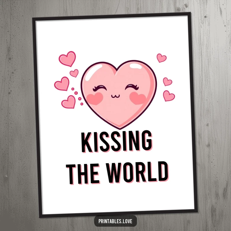 Funny poster showcasing a chubby-cheeked heart blowing a kiss, leaving a whimsical trail of little hearts behind.