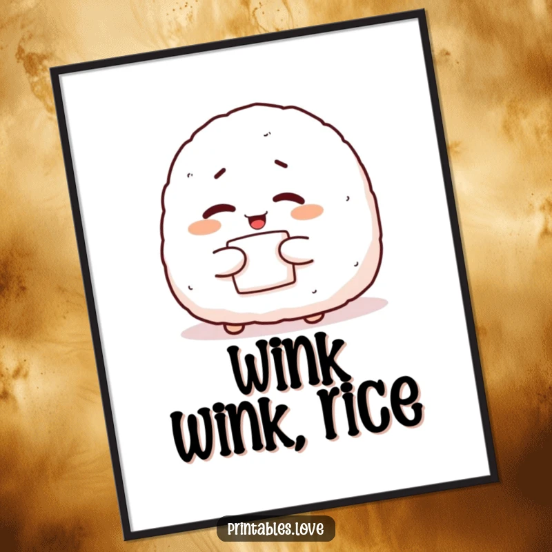 Funny onigiri poster featuring a giggling character winking with nori, bringing playful Japanese food art and humor to any room.