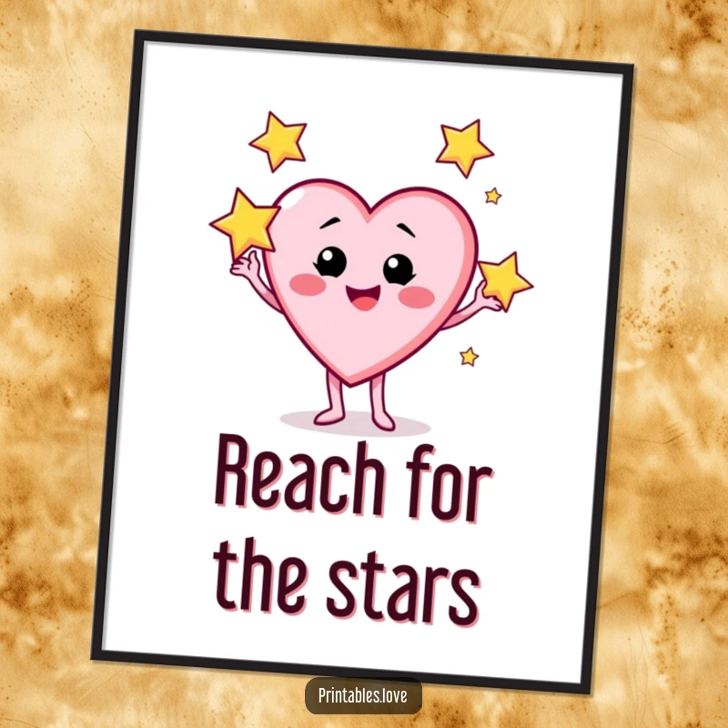 Funny poster showcasing a heart character grinning mischievously while juggling three brilliant, sparkling stars.