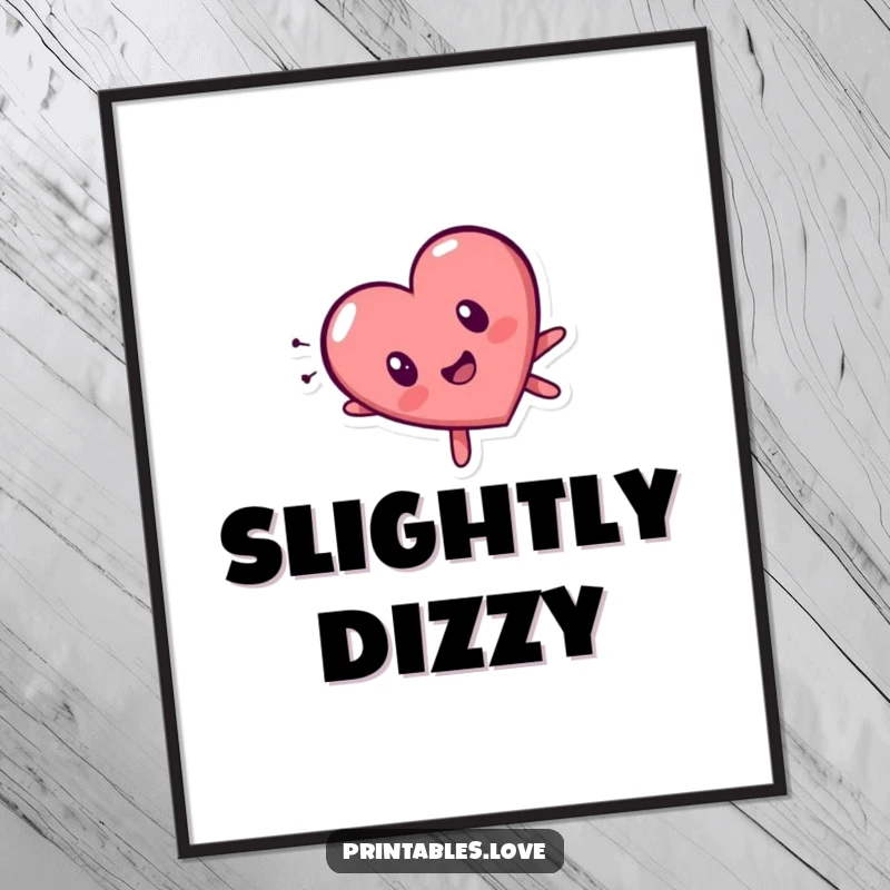 Funny tumbling heart character poster, depicting a startled expression while falling head over heels, a unique piece of humor art.