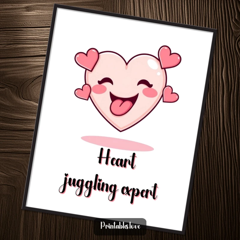 Funny poster showcasing a heart with its tongue out, creatively juggling numerous small hearts, radiating playful energy.