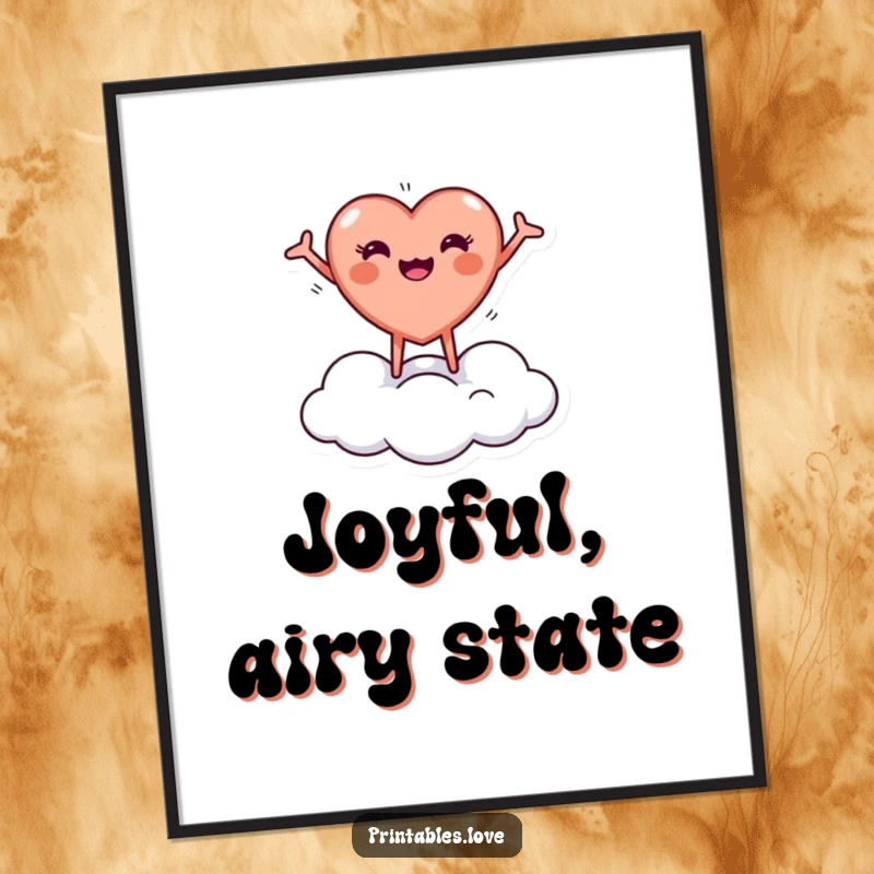 Funny poster with a tiny, round heart character joyfully bouncing on a cloud with arms outstretched, bringing happiness to decor.