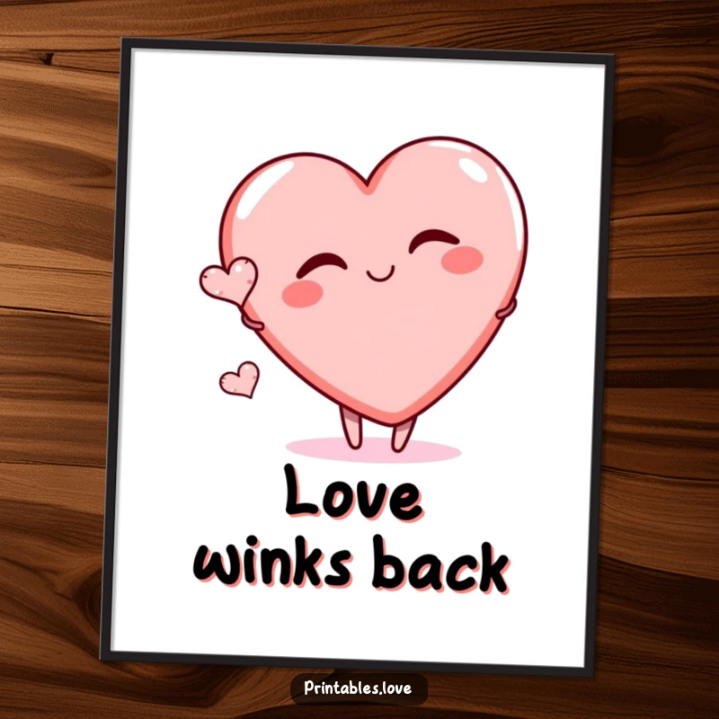 Funny poster featuring a large heart character playfully winking, with a tiny heart floating, adding cheeky charm to any wall.