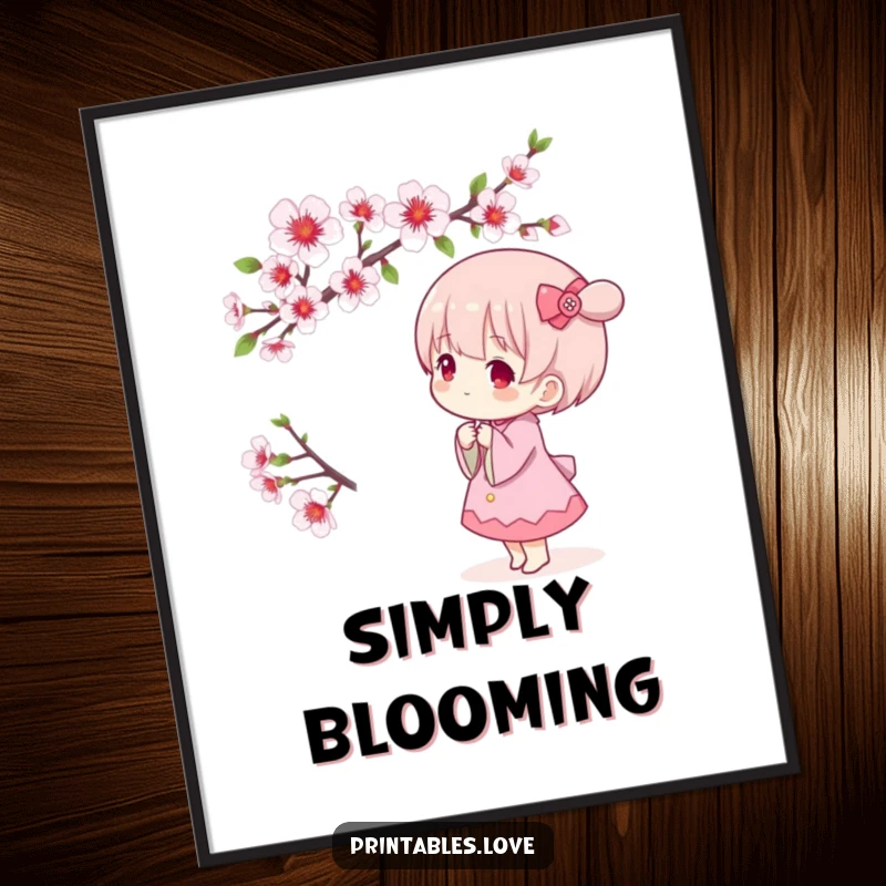 Funny Kawaii poster showcasing a cute character peacefully admiring a delicate blooming cherry blossom branch, evoking spring tranquility.