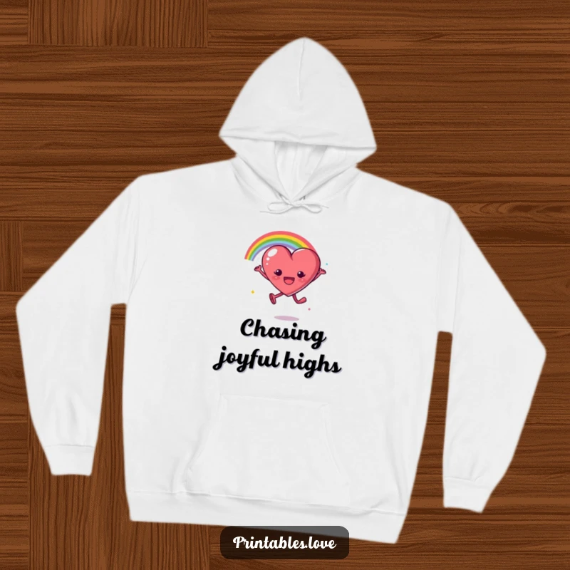Funny hoodie depicting a heart character in mid-leap, leaving a spectacular rainbow arc, symbolizing boundless joy and energy.