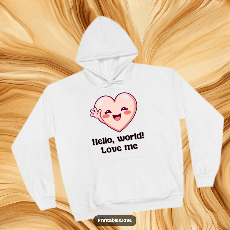 Funny hoodie with a heart featuring an excited grin and waving hello, perfect for cozy greetings and humor, a gift.