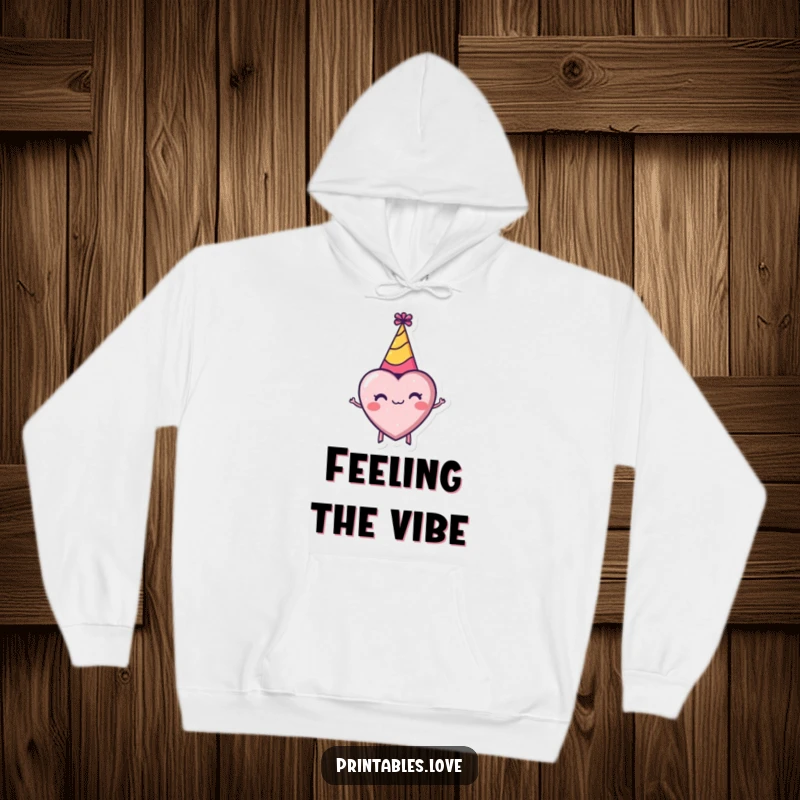 Funny hoodie with a tiny heart wearing a party hat, spinning excitedly, perfect for cozy and cheerful wear.