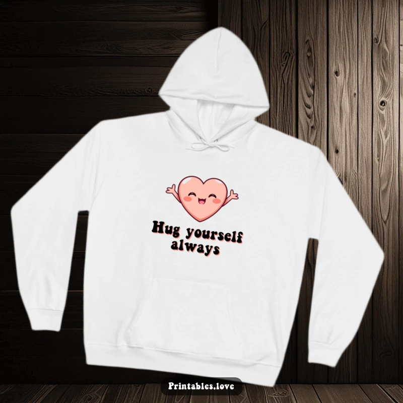 Funny Joyful Heart Hoodie with arms outstretched, beaming with pure joy, offering warmth and a huggable design.