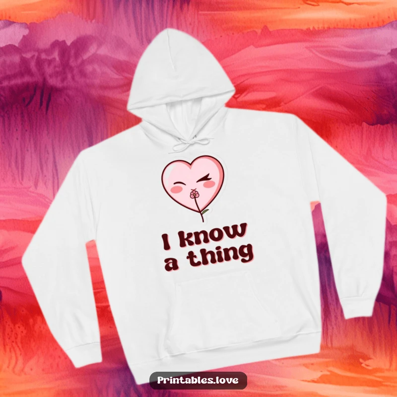 Funny winking heart hoodie, a lovable character with a sly wink, holding a small, pretty flower, offering warmth and humor.