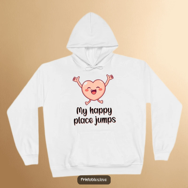 Funny Hoodie showcasing a small, round heart character in mid-leap with arms spread wide, radiating pure joy and effervescent energy.