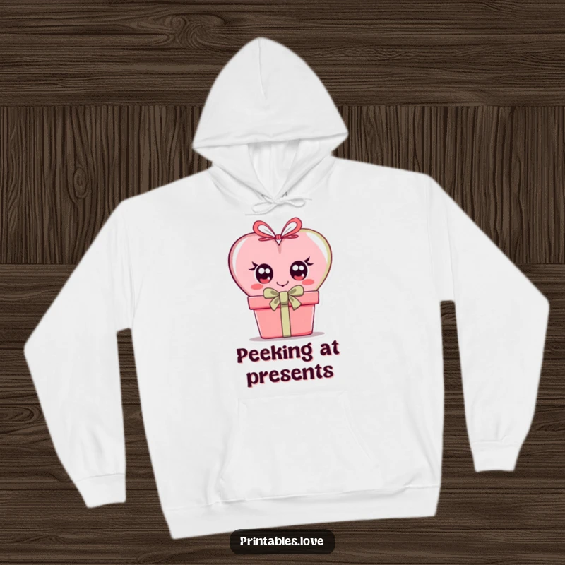 Funny hoodie with a heart character peeking with wide, curious eyes from behind a beautifully wrapped gift box.