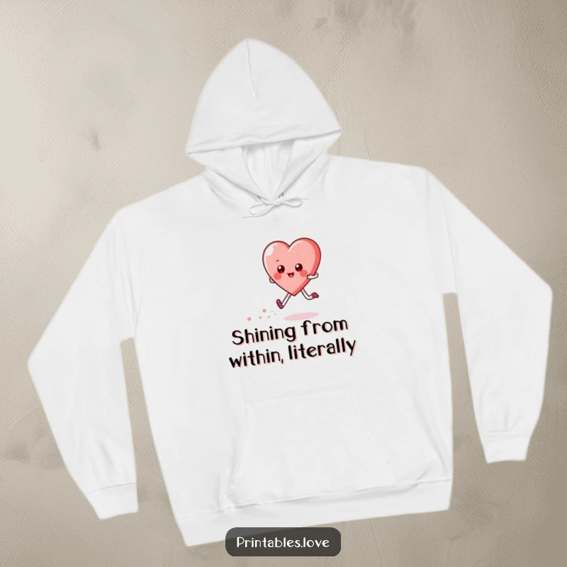 Funny hoodie featuring a happy heart character skipping, leaving a trail of gentle sparkles. Comfortable and magical apparel.