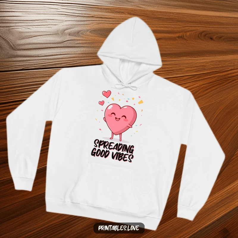 Funny hoodie featuring a smiling, plump heart character enthusiastically throwing confetti into the air, ideal for festive wear.