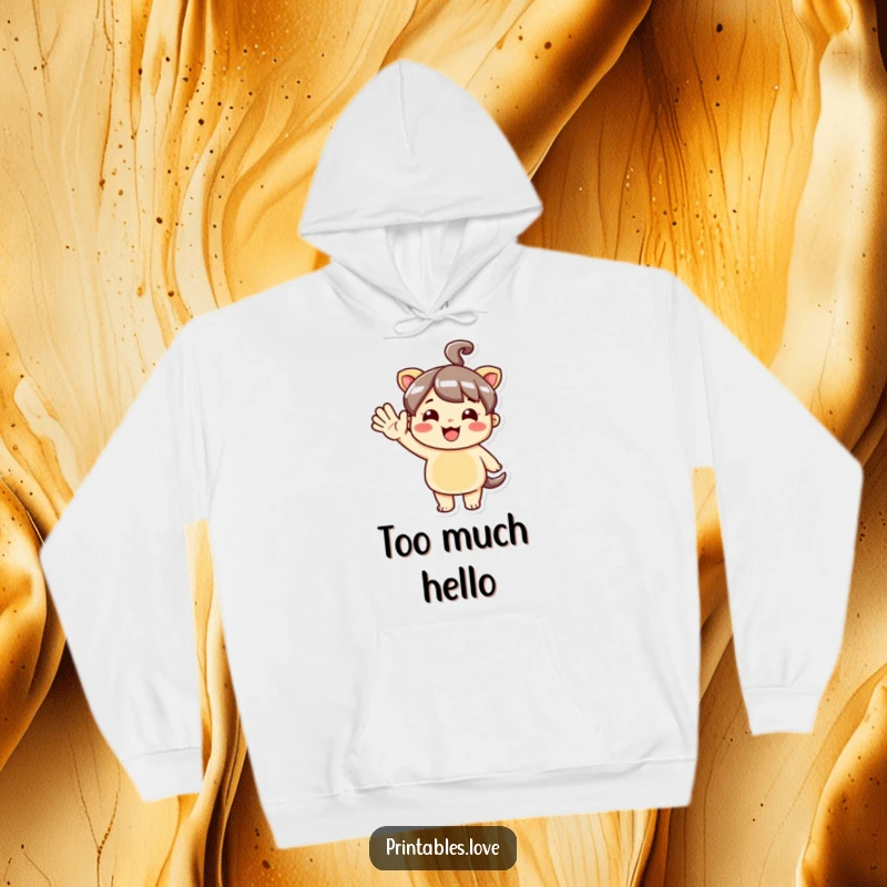 Funny Kawaii Hoodie with a cute character doing an oversized, enthusiastic hello wave, exuding friendliness.