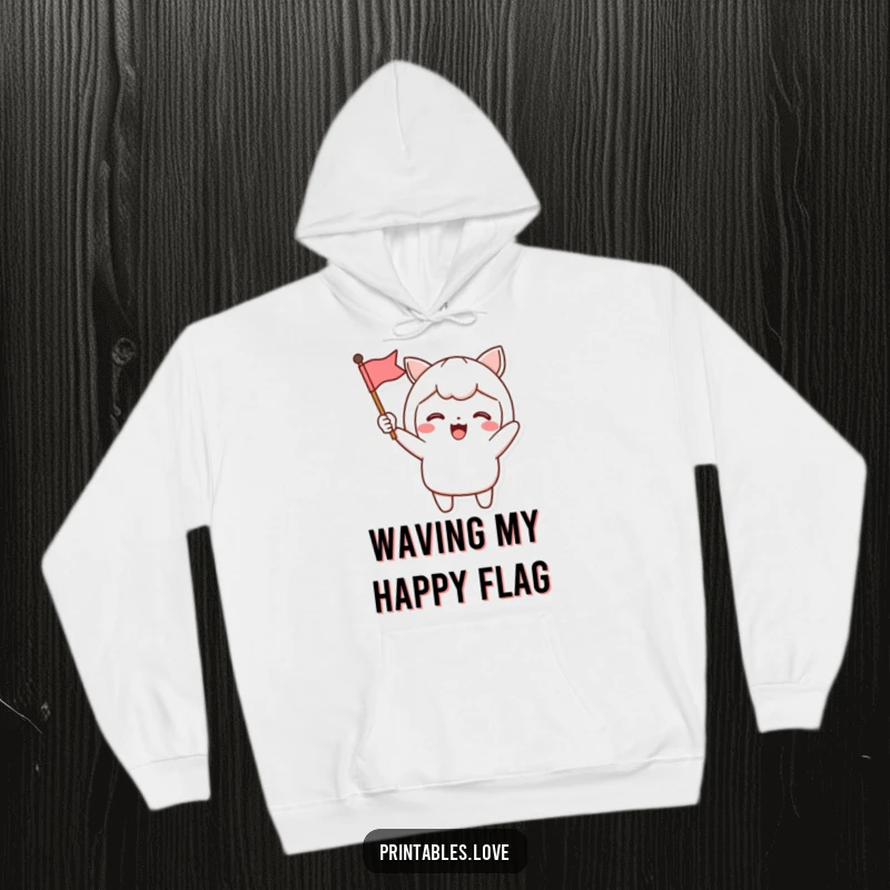 Funny Hoodie with a Kawaii character excitedly waving a small flag, perfect for staying warm while spreading positivity and cheer.