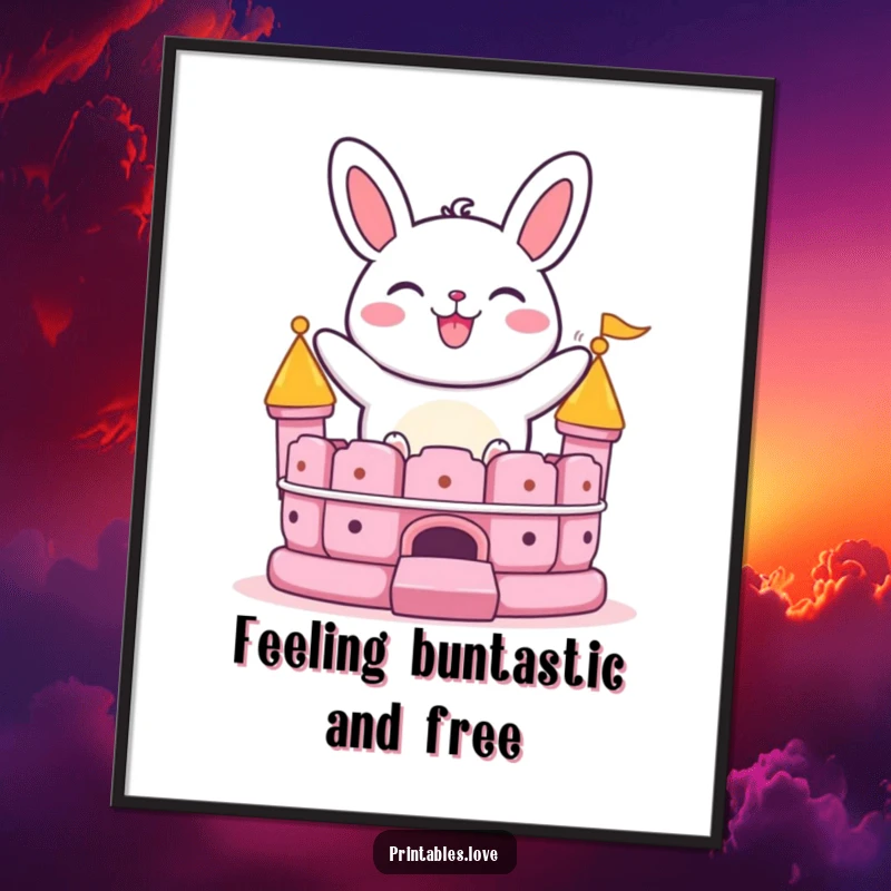 Funny Free Printable Wall Art: Grinning bao bun character bouncing on a bouncy castle, a playful downloadable art piece.