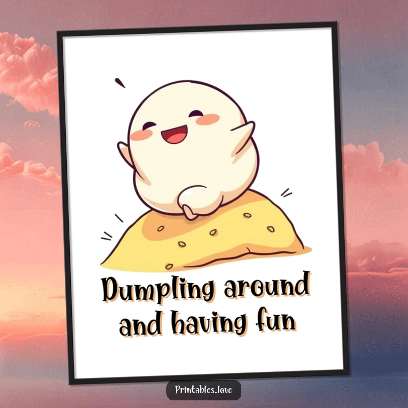 Funny Free Printable Wall Art: A determined dumpling character rolling down a hill with pure glee, adding joy to your walls.