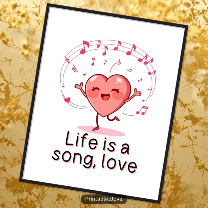 Funny Free Printable Dancing Heart Wall Art: Heart character dances energetically with musical notes swirling, creating a vibrant vibe.