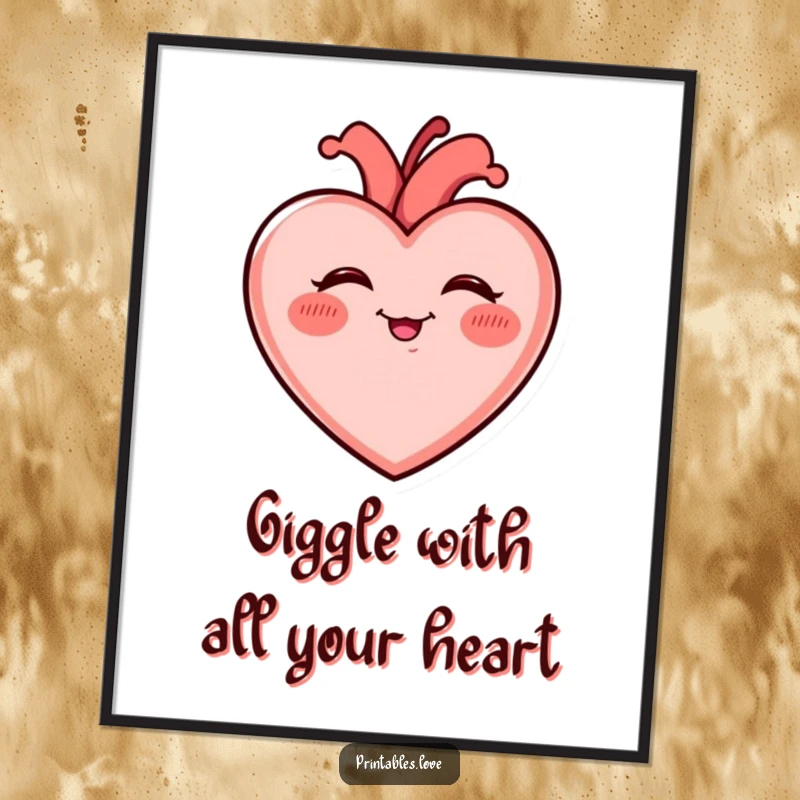 Free Printable Wall Art: A plump, adorable heart with rosy cheeks, shown mid-giggle, radiating pure, contagious mirth.
