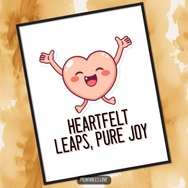 Funny Free Printable Wall Art: A small, round, red heart character joyfully leaping with arms outstretched, embodying pure happiness and energy.