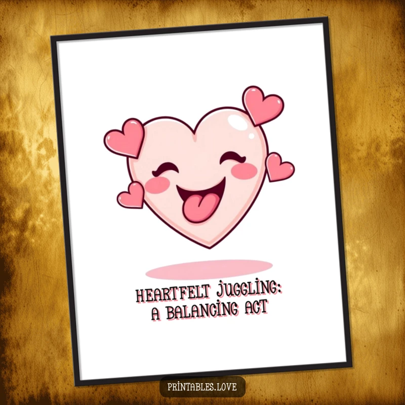 Funny Free Printable Wall Art: A whimsical heart with its tongue out, expertly juggling smaller hearts in a playful display.